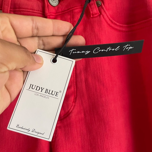 Judy Blue High Waist Garment Dyed Red Tummy Control Wide Leg Crop Denim Jeans - Picture 6 of 10